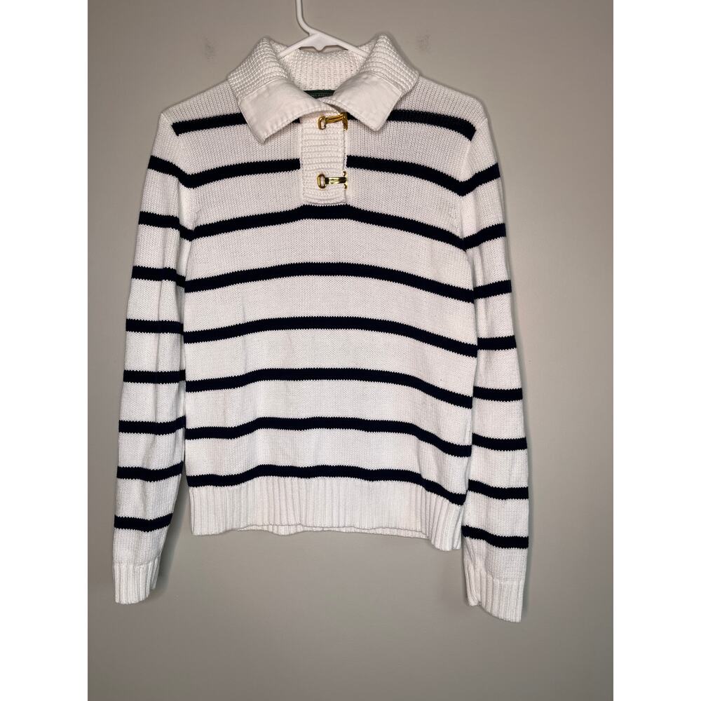 Ralph Lauren Navy Nautical Coastal New England Old Money Gold Clasp Sweater L